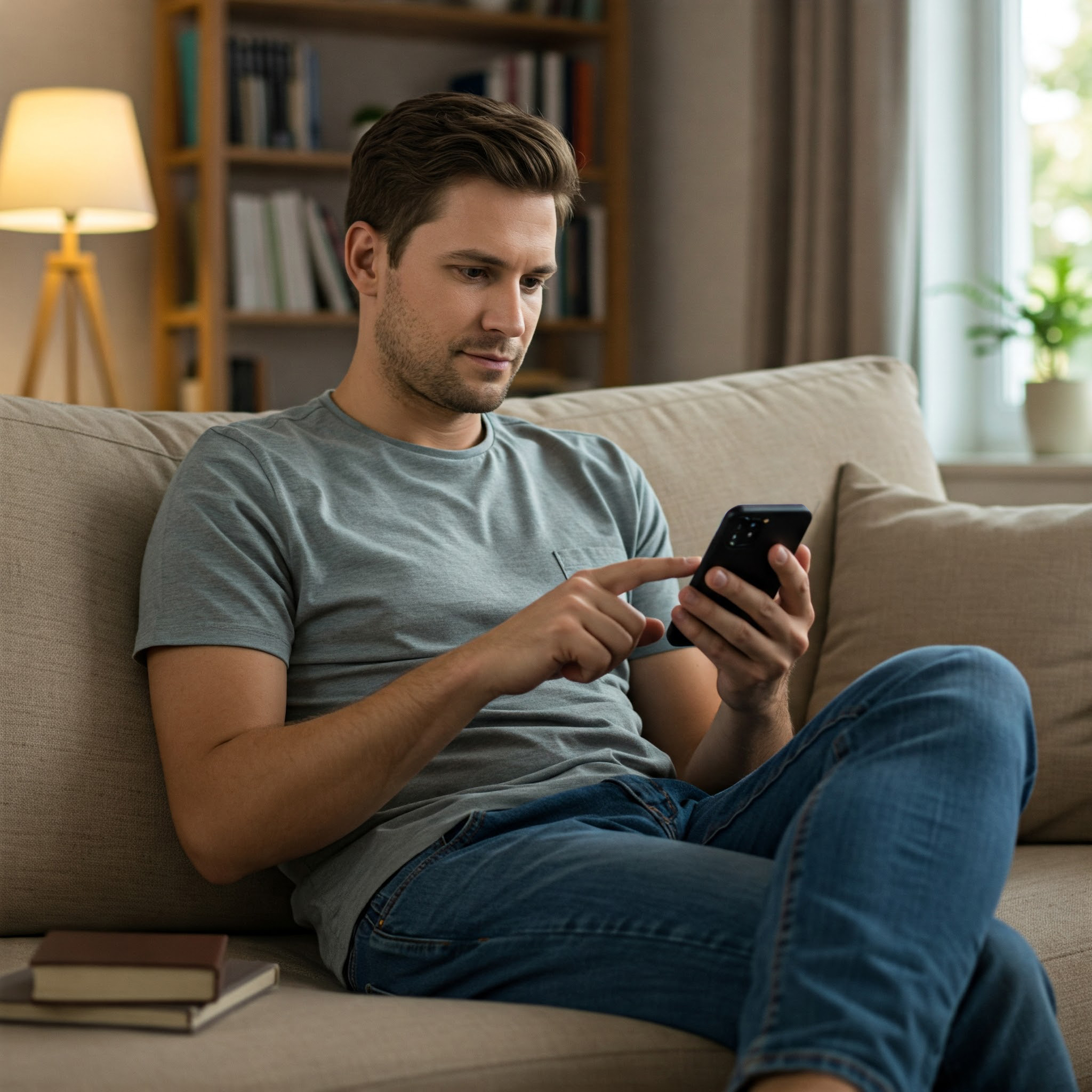 uomo seduto sul divano di casa che paga cliccando il link sul proprio telefono