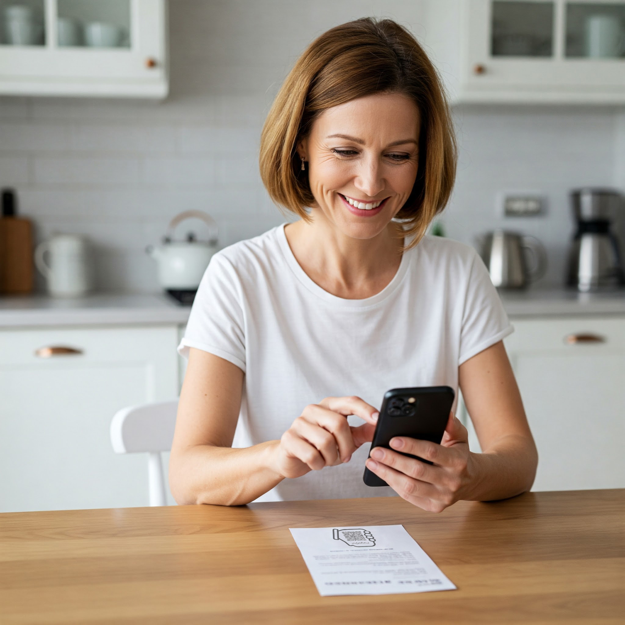 Signora sorridente al tavolo della propria cucina, inquadra il qr code di pagaqui con lo smartphone